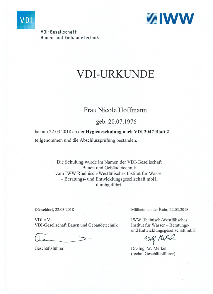 hygieneschulung nach VDI 2047 Blatt 2
