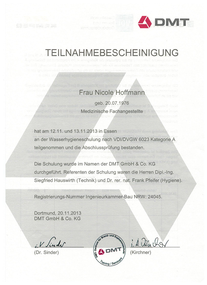 wasserhygieneschulung nach VDI/DVGW 6023 Kat. A